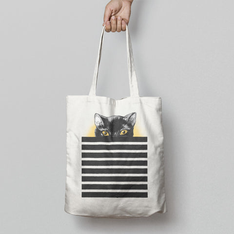 Black Cat Peeking Over Stripes Tote Bag product