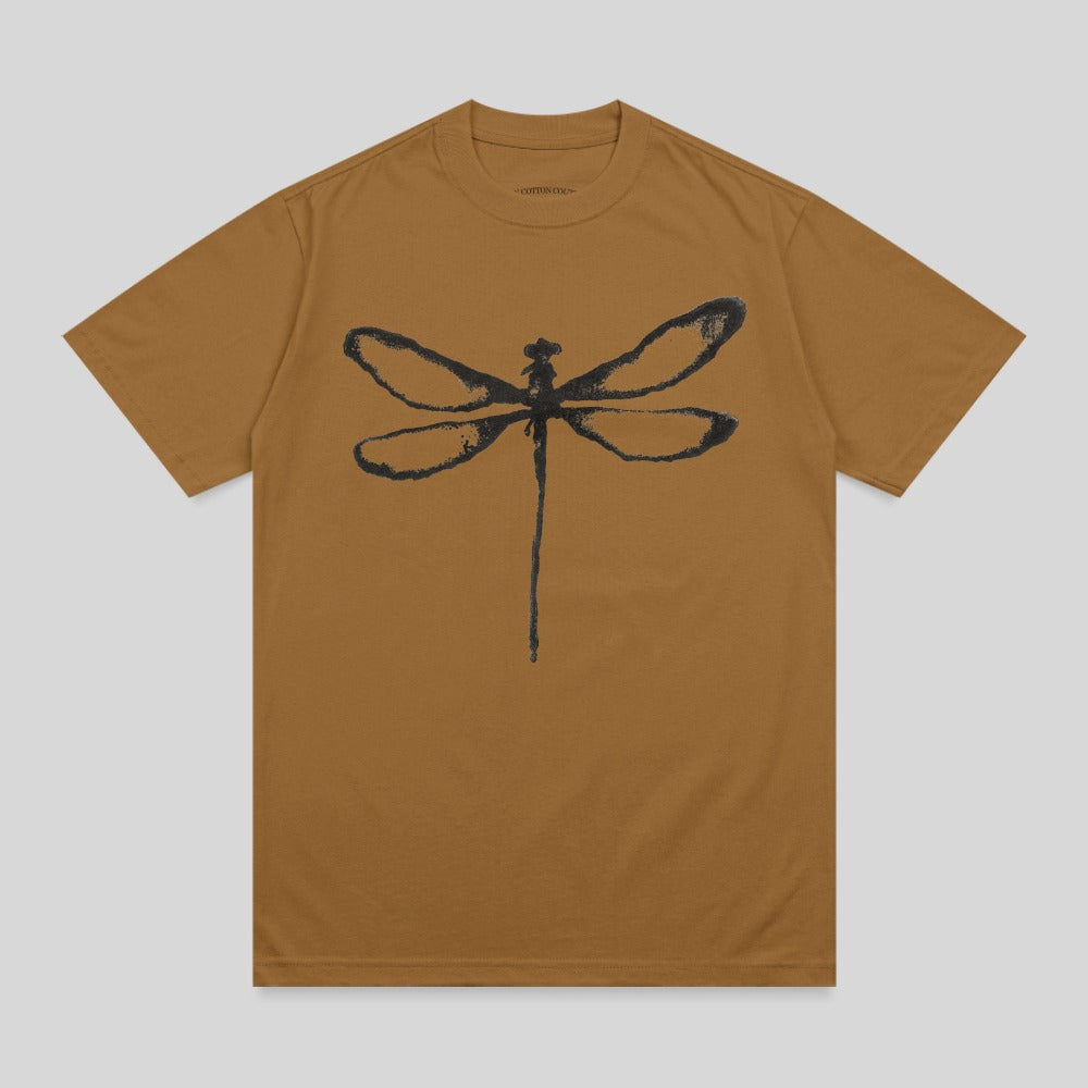 Brown t-shirt with a black dragonfly graphic.