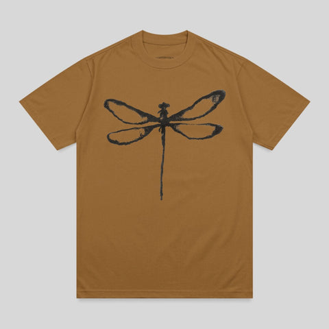 Brown t-shirt with a black dragonfly graphic.