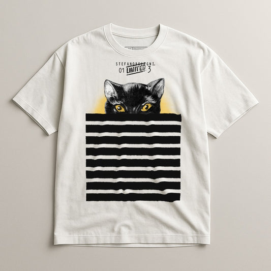 Cat Peeking from Striped Box Graphic T-shirt