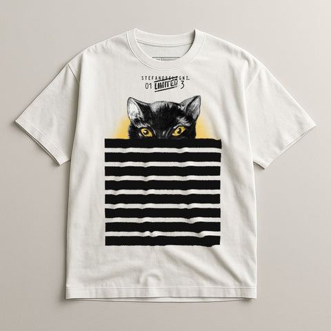 Cat Peeking from Striped Box Graphic T-shirt