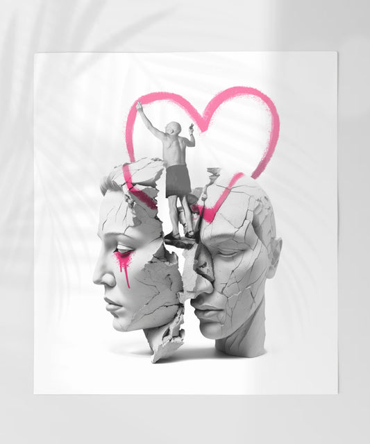 Abstract Shattered Faces with Pink Heart Artwork