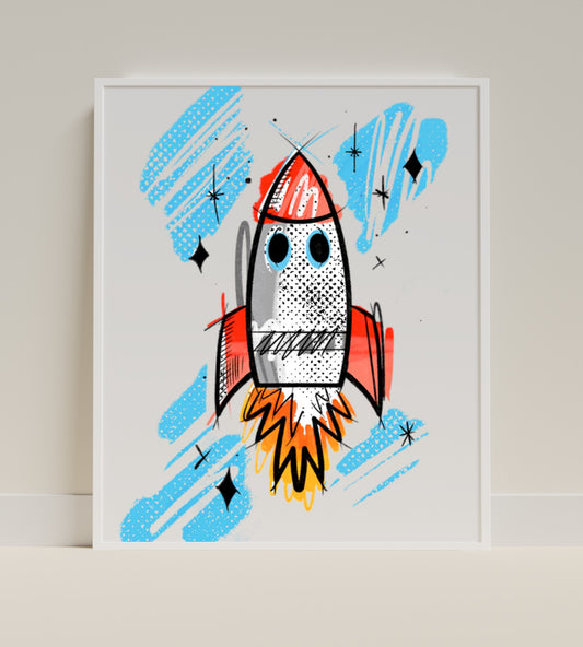 Colorful Rocket Ship with Stars Art Print Poster
