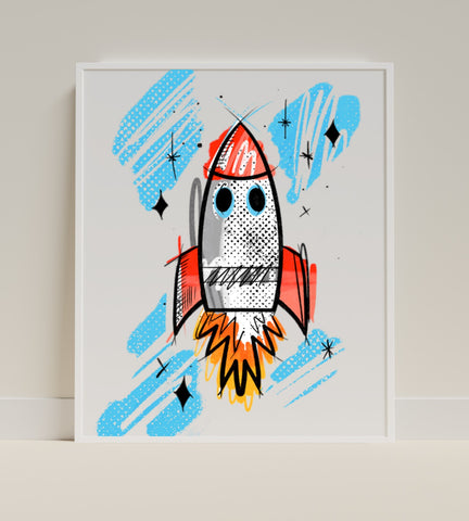 Colorful Rocket Ship with Stars Art Print Poster