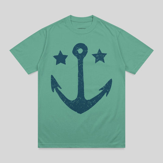 Teal t-shirt with a distressed anchor and two stars graphic.