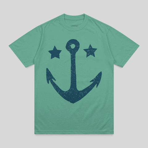 Teal t-shirt with a distressed anchor and two stars graphic.