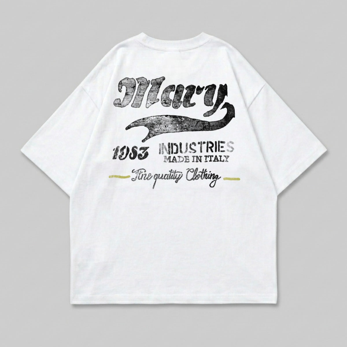 White t-shirt with distressed "Mary Industries 1953" and "Fine quality Clothing" print.