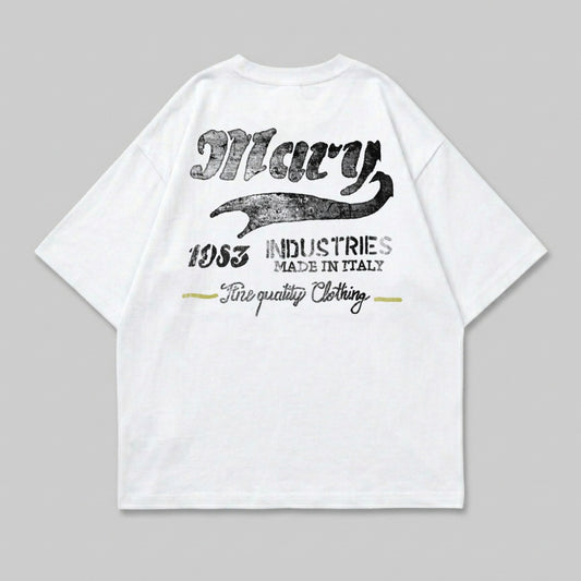 White t-shirt with distressed "Mary Industries 1953" and "Fine quality Clothing" print.