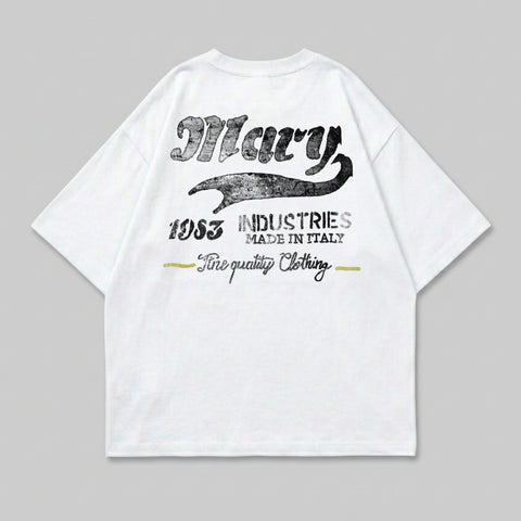 White t-shirt with distressed "Mary Industries 1953" and "Fine quality Clothing" print.