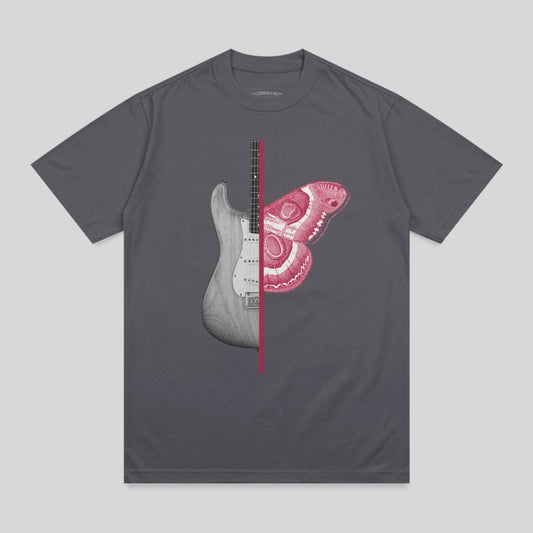 T-shirt graphic featuring a guitar superimposed with a pink butterfly.