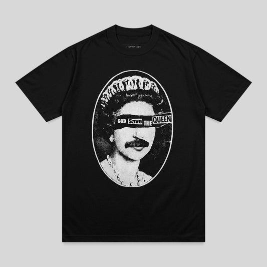 Black t-shirt with oval graphic of Queen Elizabeth II wearing a mustache and a black band over her eyes, text "GOD SAVE THE QUEEN".