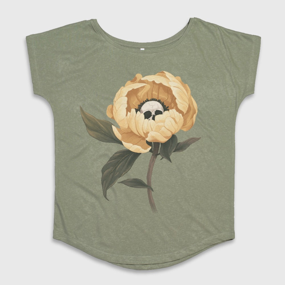 Yellow Flower with Skull Graphic on Olive Green Shirt