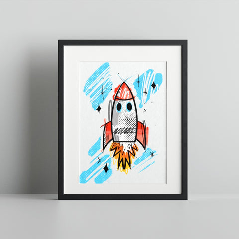 Colorful Rocket Ship Sketch Framed Wall Art Product