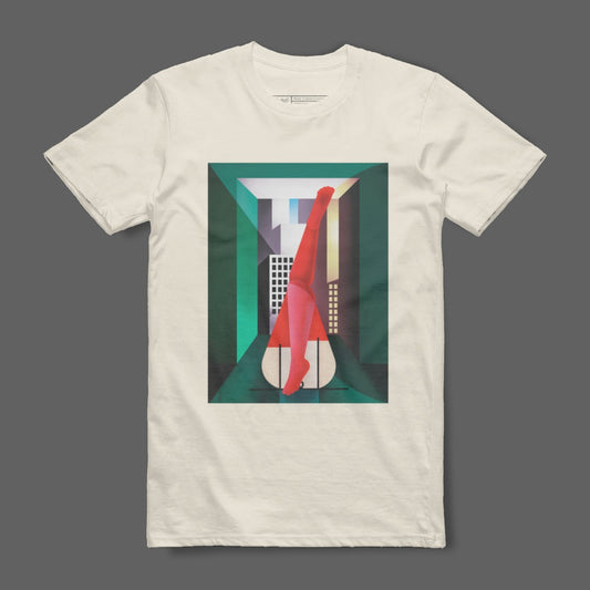 Abstract Cityscape Art with Red Figure T-shirt
