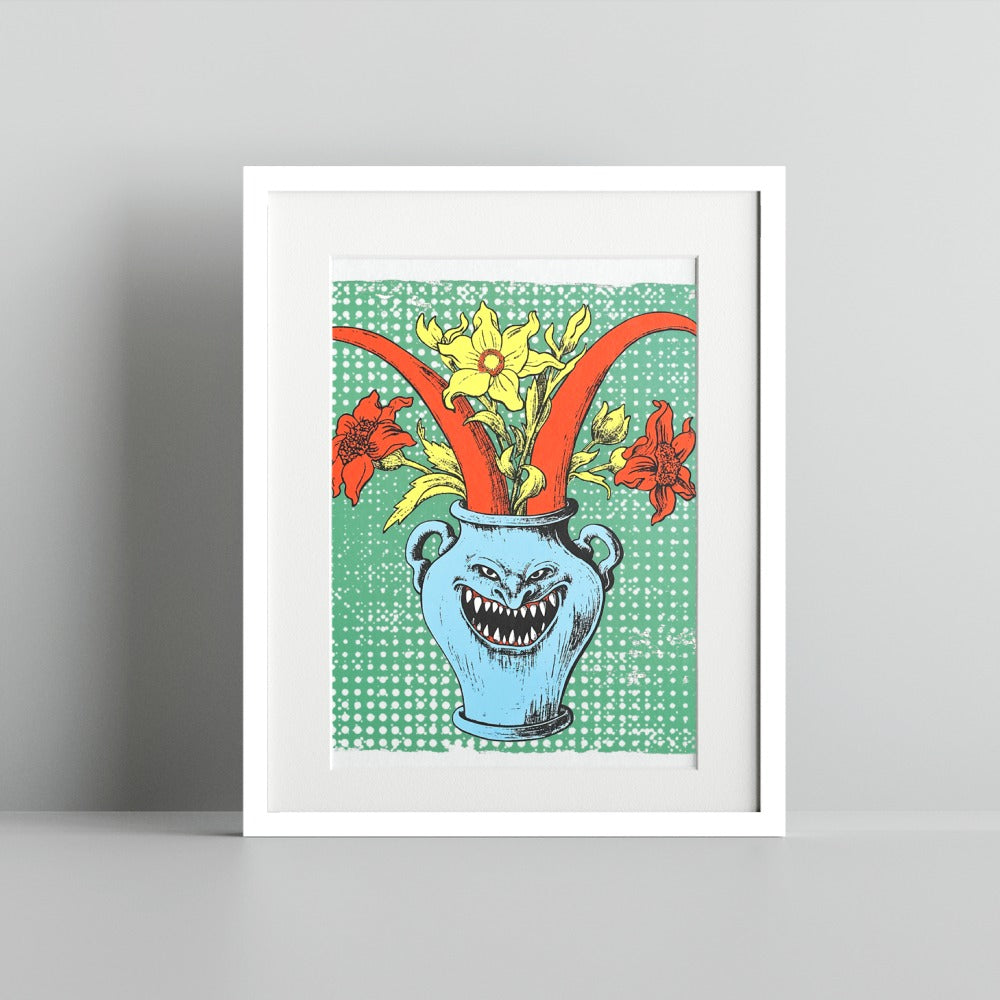 Whimsical Floral Art with Vase and Monster Poster
