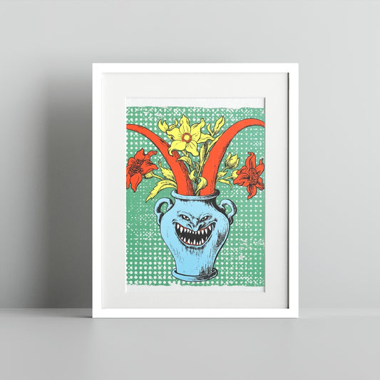 Whimsical Floral Art with Vase and Monster Poster