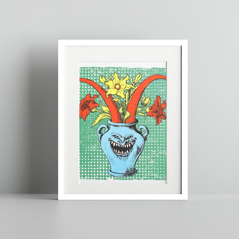 Whimsical Floral Art with Vase and Monster Poster