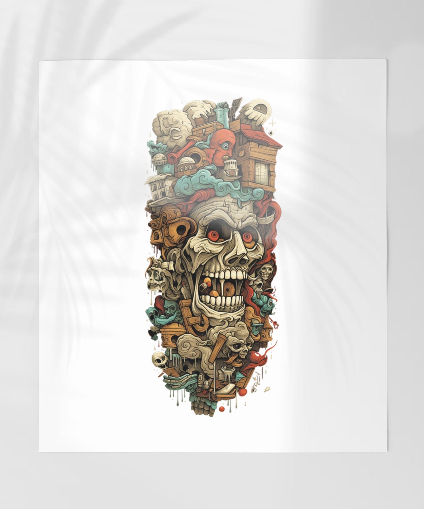 Detailed Artistic Skull with Buildings and Clouds Poster