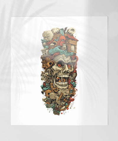 Detailed Artistic Skull with Buildings and Clouds Poster