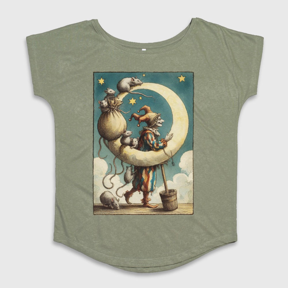 Whimsical Moon Jester with Mice Illustration Shirt