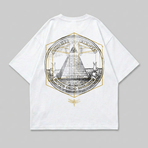 White t-shirt with a circular graphic of a pyramid and eye, featuring Latin text.