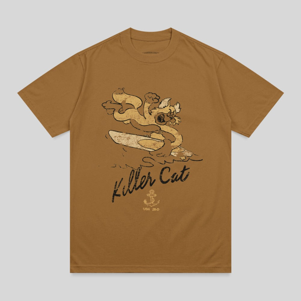 Brown t-shirt with distressed "Killer Cat" graphic of a cat surfing.