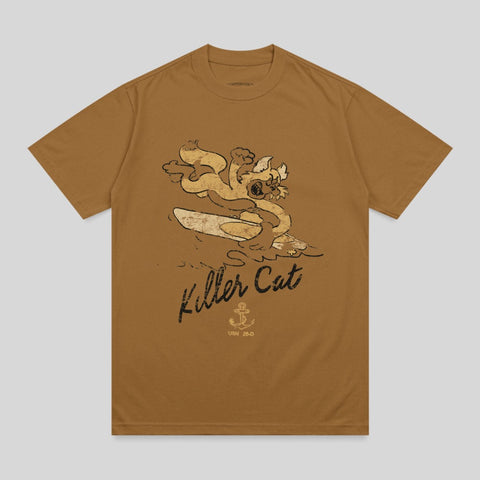 Brown t-shirt with distressed "Killer Cat" graphic of a cat surfing.