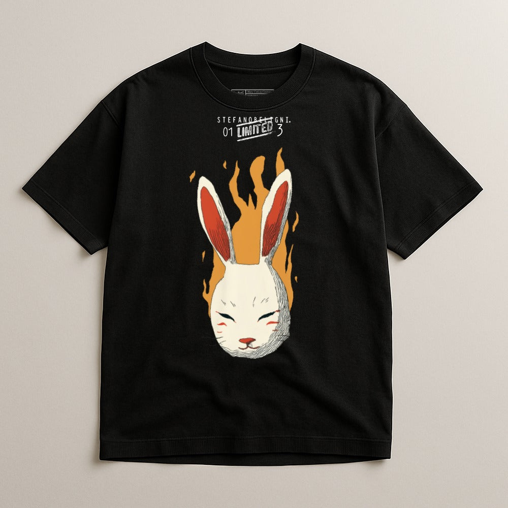 Black t-shirt with a white rabbit mask on fire graphic.