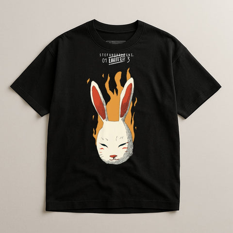 Black t-shirt with a white rabbit mask on fire graphic.