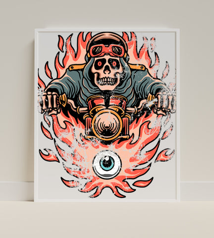 Flaming Skeleton Biker with Eye Graphic Print Poster