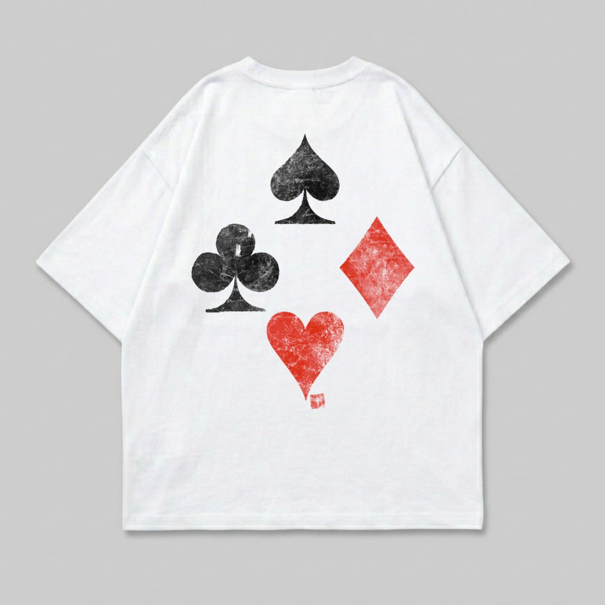 White t-shirt with large red heart and black spade, club, and diamond playing card suits.