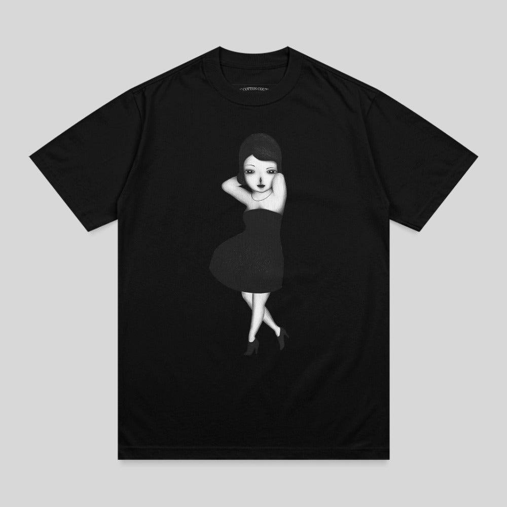 Black t-shirt with a stylized illustration of a woman in a dress.