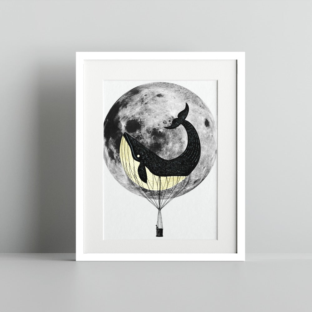 Whale Floating in Front of the Moon Framed Print