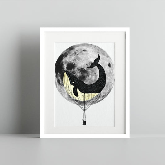 Whale Floating in Front of the Moon Framed Print