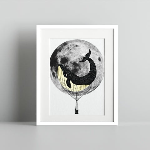 Whale Floating in Front of the Moon Framed Print