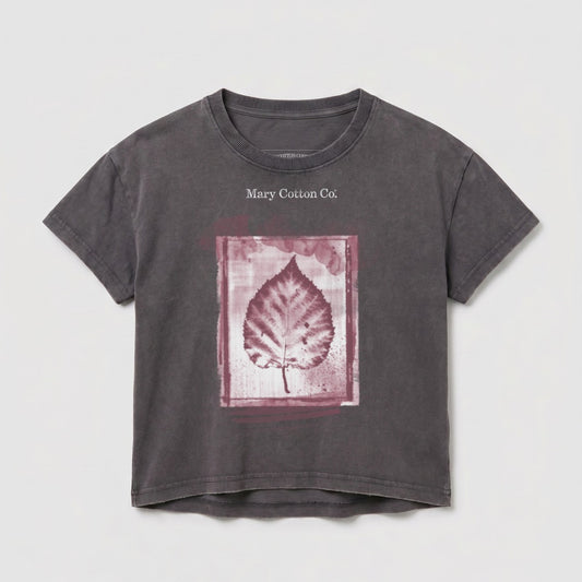 Gray t-shirt with a faded pink leaf print and "Mary Cotton Co." text.