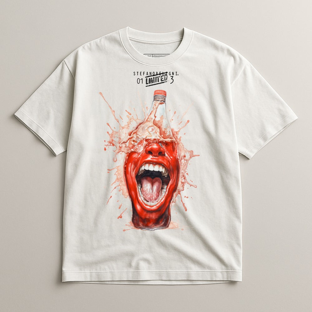 T-shirt graphic with a screaming mouth emerging from a ketchup bottle splash.