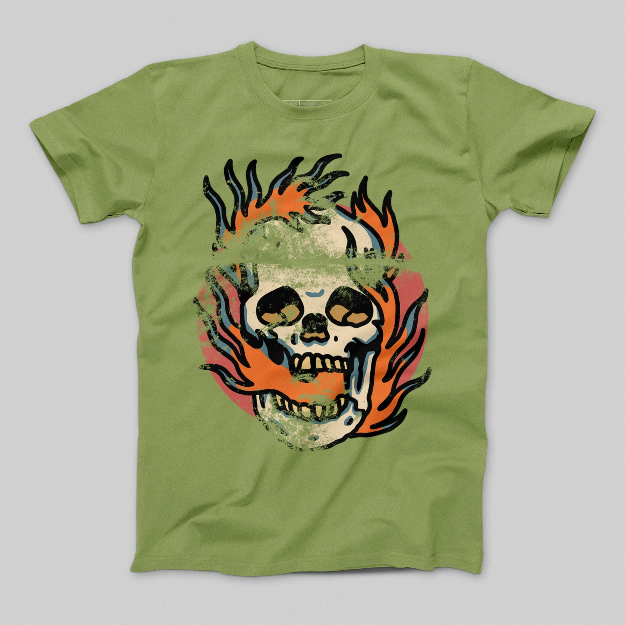 Skull with Flames Graphic Print Green T-Shirt