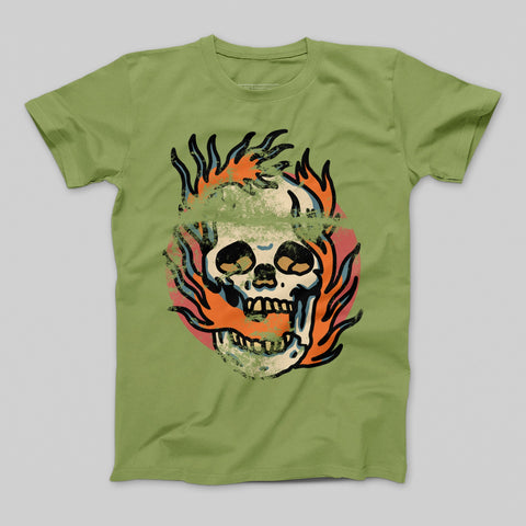 Skull with Flames Graphic Print Green T-Shirt