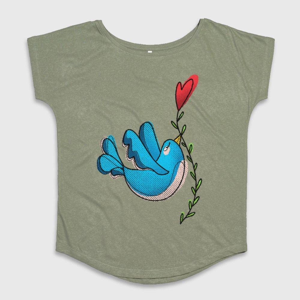 Blue Bird Holding Heart Accent Graphic T-shirt