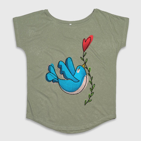 Blue Bird Holding Heart Accent Graphic T-shirt