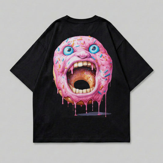 Black t-shirt with a cartoon donut monster design featuring wide eyes and an open mouth.