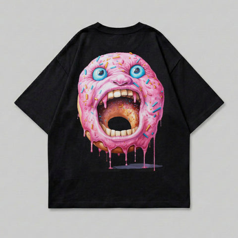Black t-shirt with a cartoon donut monster design featuring wide eyes and an open mouth.
