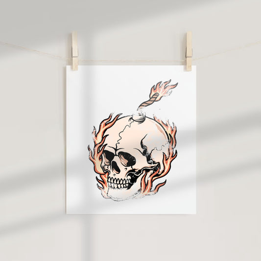 Skull with Flaming Horns Art Print Halloween Poster