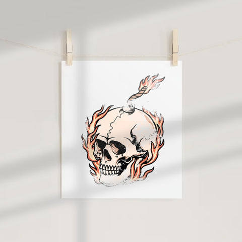 Skull with Flaming Horns Art Print Halloween Poster