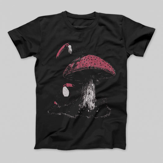 Black T-Shirt with Toucan and Mushroom Graphic Design