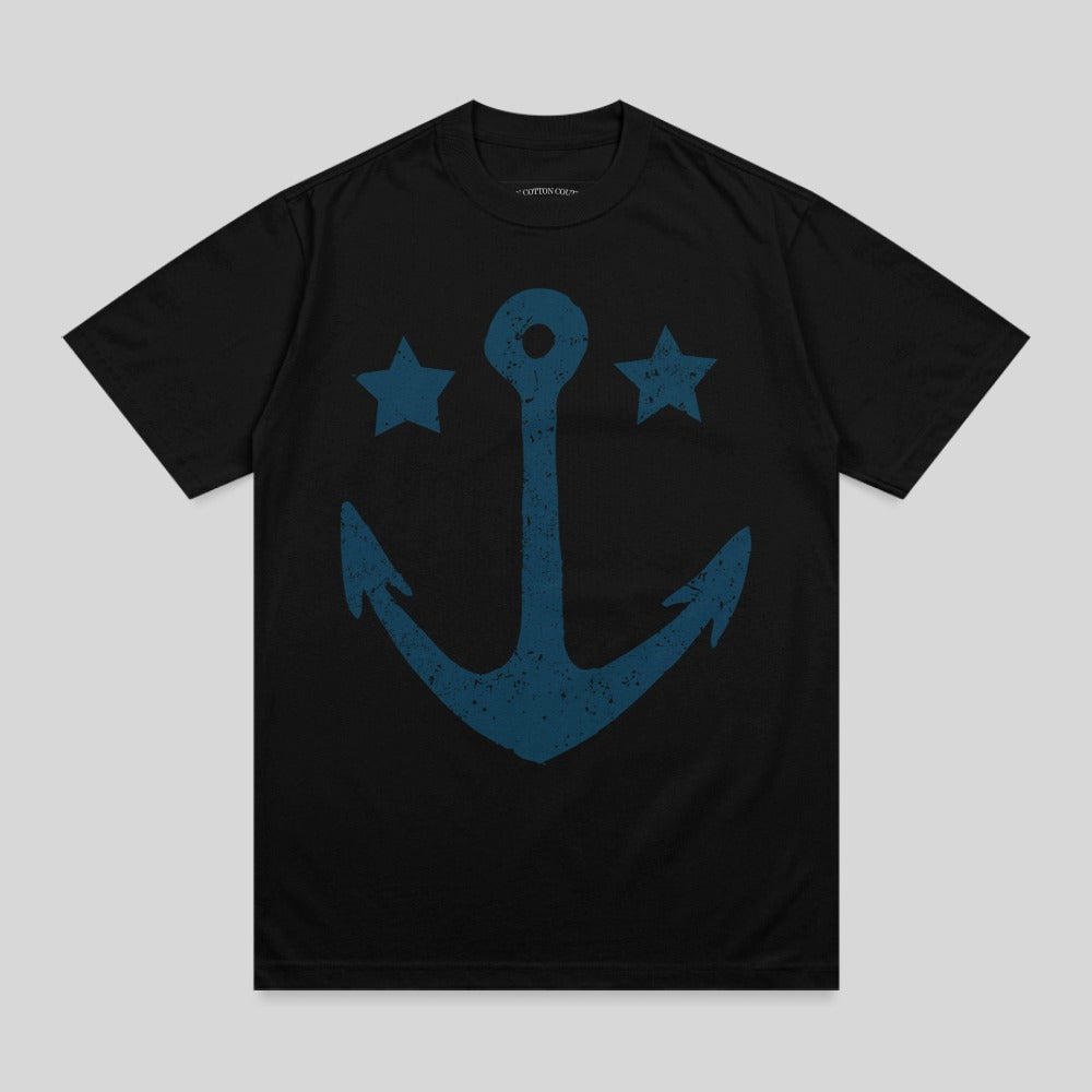 Black t-shirt with a distressed blue anchor and stars graphic.