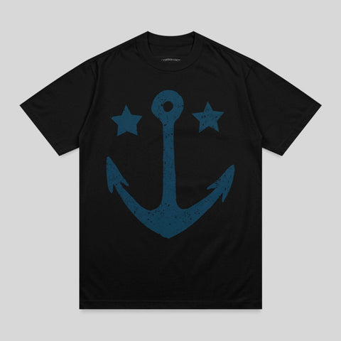 Black t-shirt with a distressed blue anchor and stars graphic.