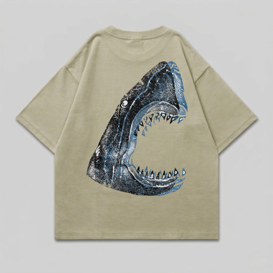 T-shirt with a distressed shark head graphic on the back.