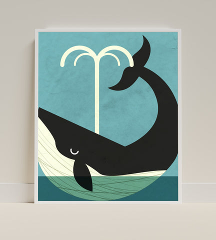 Whimsical Whale Art Print with Water Spout Illustration